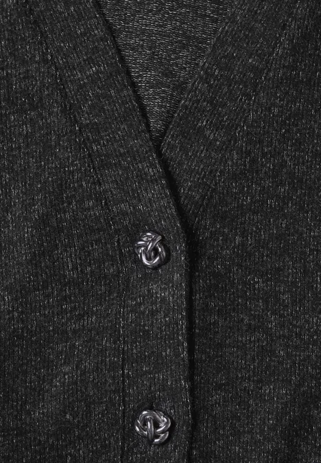 Dunkelgrauer Strickcardigan mit feinem Glitzereffekt und zwei silberfarbenen Logo-Knöpfen