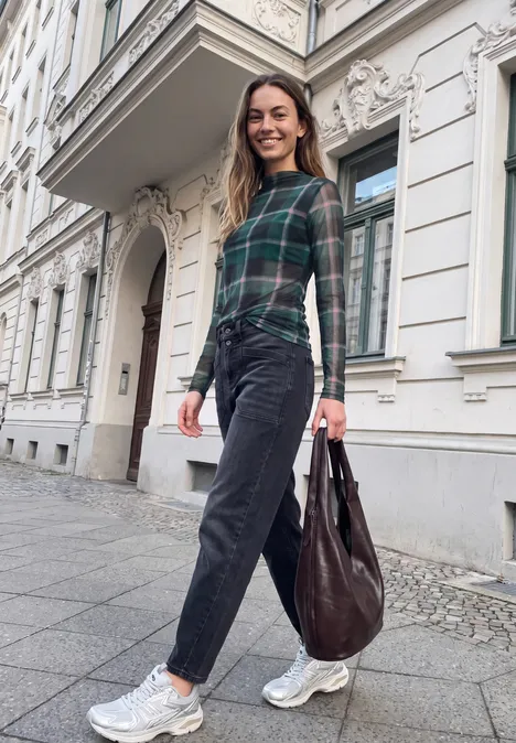 Junge Frau mit Karopullover, schwarzen Jeans und Sneakern trägt braune Tasche vor einem Altbau.