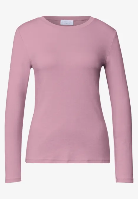 Rosa langärmeliges Shirt mit Rundhalsausschnitt und schmaler Passform aus glattem Stoff.