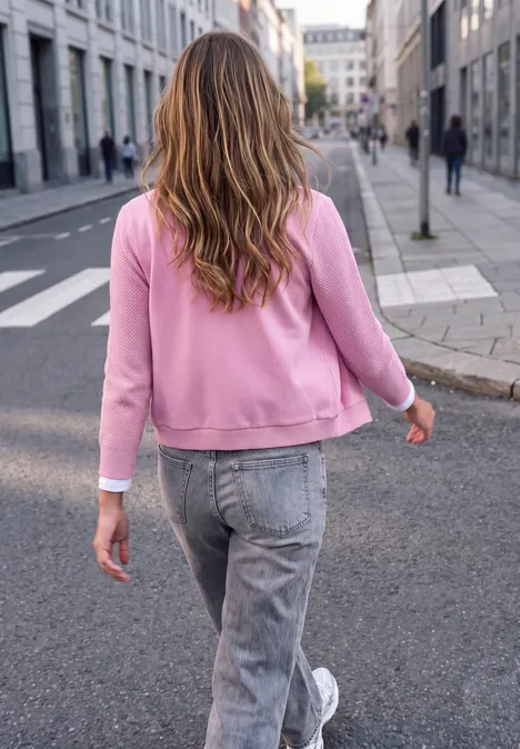 Blouson mit Strickärmeln und Knöpfen pearly rose Eine Frau im pinken Pullover und Jeans läuft von hinten gesehen eine ruhige Fußgängerzone entlang.