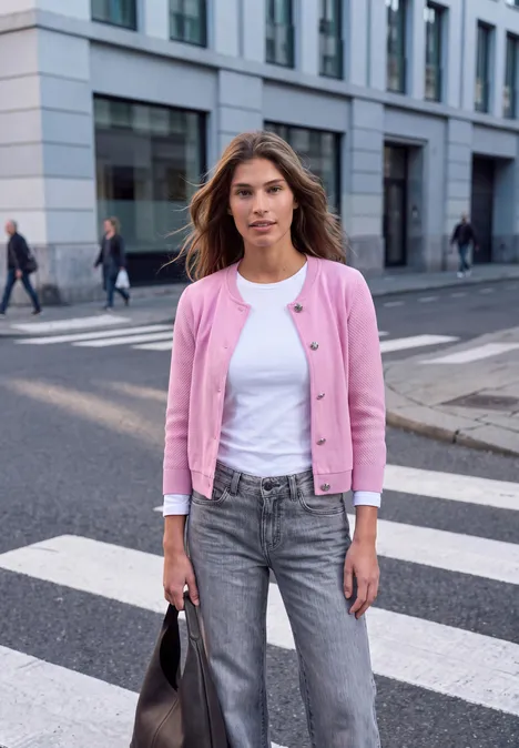 Blouson mit Strickärmeln und Knöpfen pearly rose Eine Frau steht an einem Zebrastreifen, trägt weißes T-Shirt, rosa Strickjacke, graue Jeans und hält eine Tasche.