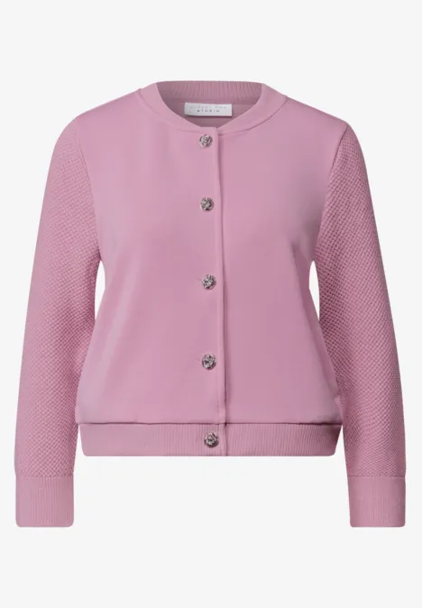 Blouson mit Strickärmeln und Knöpfen pearly rose Rosafarbenes, langärmliges Damenstrickjacke mit Rundhalsausschnitt und Knopfleiste