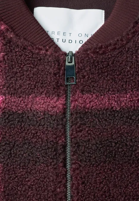 Bordeauxrote Teddy-Fleecejacke mit Reißverschluss, Streifenmuster und lässigem Bomberkragen