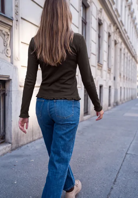 Eine Frau geht in blauer Jeans und dunklem Oberteil eine ruhige städtische Straße entlang.