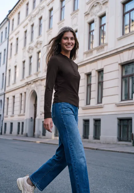 Langarm Shirt mit Rundhals und Rüschen charred brown Frau in Jeans und dunklem Pullover lächelt entspannt beim Spaziergang auf einer ruhigen Stadtstraße.