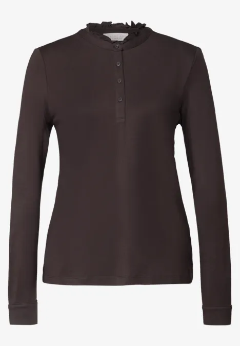 Langarm Shirt mit Rundhals und Rüschen charred brown Schwarzes Langarmshirt mit Knopfleiste und Stehkragen