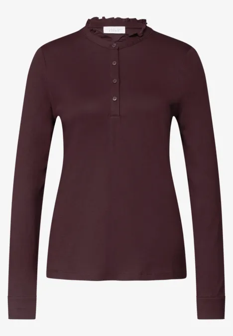 Langarm Shirt mit Rundhals und Rüschen russet red Damenoberteil in Bordeaux mit langem Arm, Stehkragen und halber Knopfleiste.