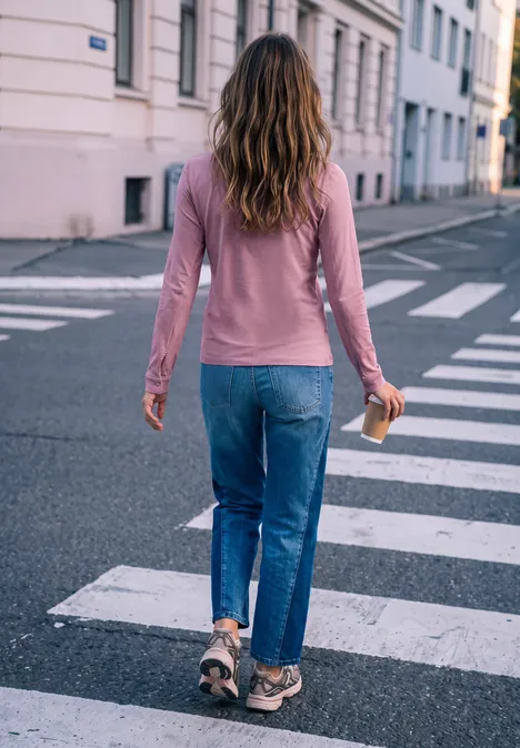 Langarm Shirt mit Rundhals und Rüschen pearly rose Eine Frau in Jeans und pinkem Pullover überquert mit einem Coffee-to-go-Becher die Straße auf einem Zebrastreifen.