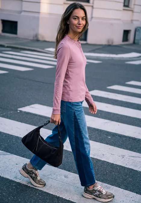 Langarm Shirt mit Rundhals und Rüschen pearly rose Frau in rosa Langarmshirt, blauen Jeans und Sneakern überquert mit schwarzer Tasche eine Straße.