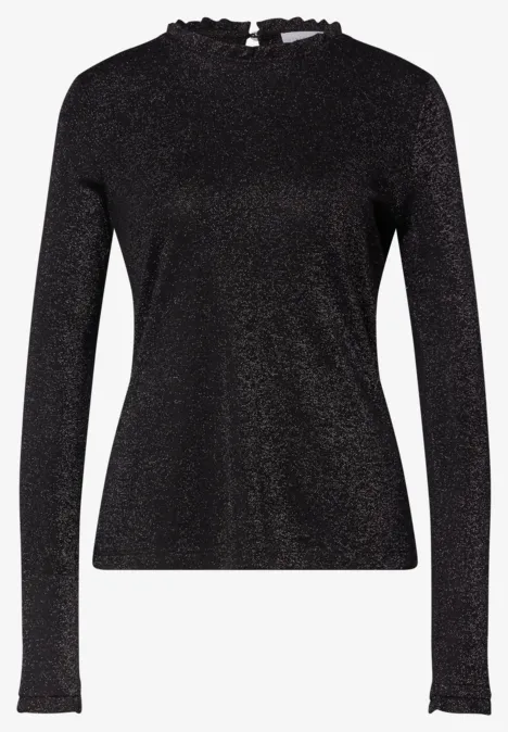 Schwarzes, schimmerndes Langarmshirt mit Stehkragen für Damen