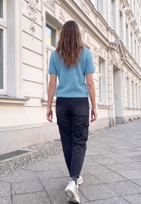 T-shirt douillet à l'aspect tricoté loom blue Une femme en pull bleu et pantalon noir marche devant une élégante façade urbaine.