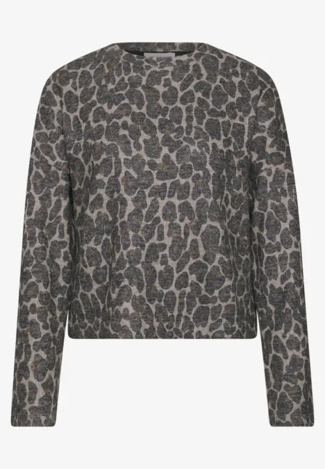 Damen-Sweatshirt mit rundem Ausschnitt und graubraunem Leopardenmuster.