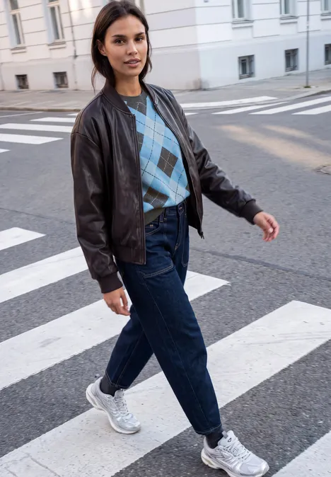 Eine junge Frau in Lederjacke, gemustertem Pullover und Jeans überquert lässig einen Zebrastreifen.