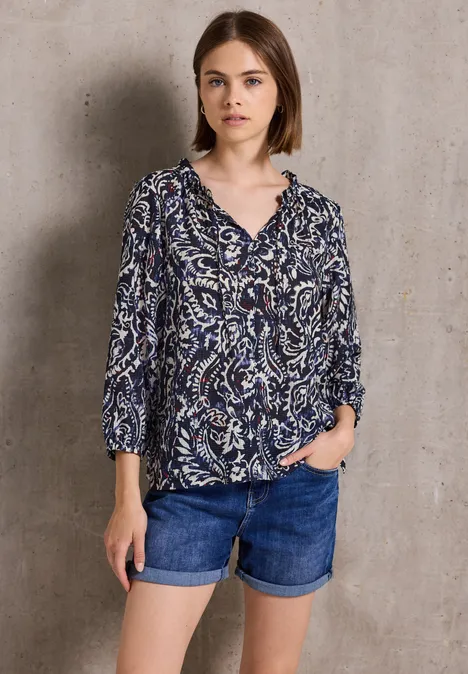 Gemusterte Bluse mit Rüschen dark void blue