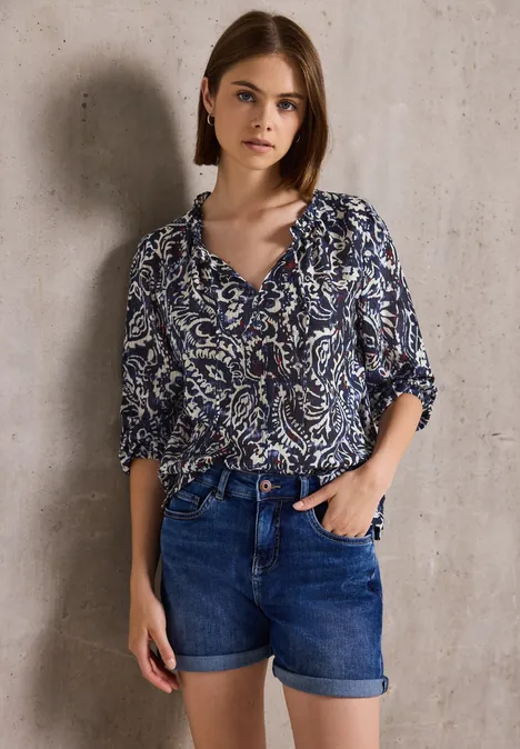 Gemusterte Bluse mit Rüschen dark void blue