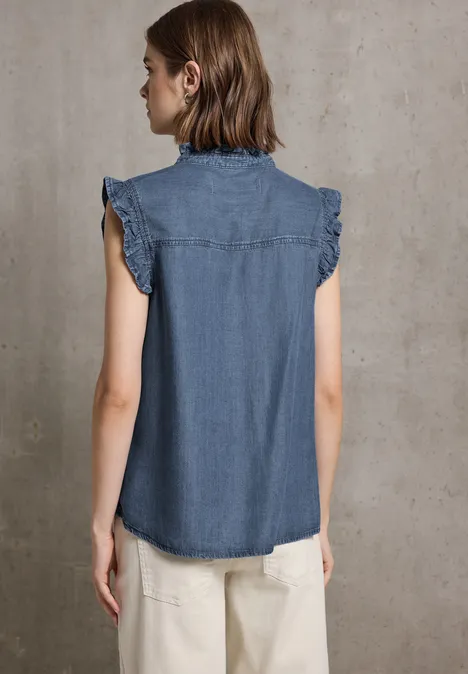 Bluse mit Rüschendetails Medium blue Soft washed