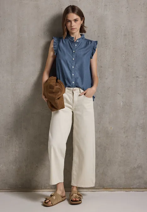 Bluse mit Rüschendetails Medium blue Soft washed