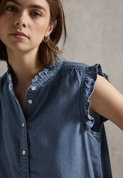 Bluse mit Rüschendetails Medium blue Soft washed