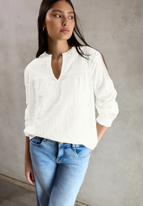 Seersucker blouse met ruches off white