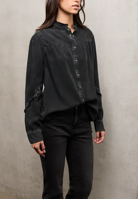 Jeansbluse mit Rüschen black washed