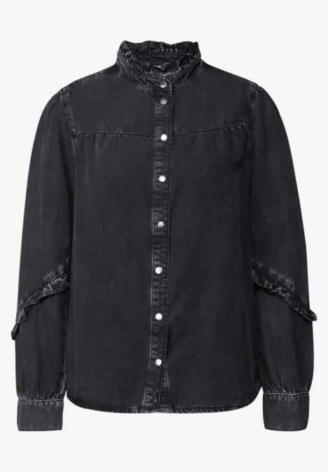 Jeansbluse mit Rüschen black washed