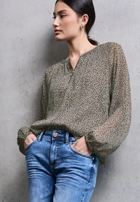 Chiffon Leo-Bluse mit Zipper morn beige