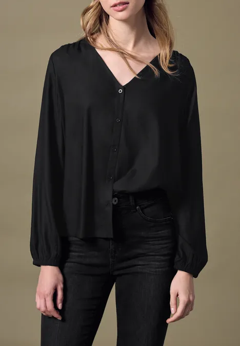 V-Neck Bluse mit Knöpfen Black