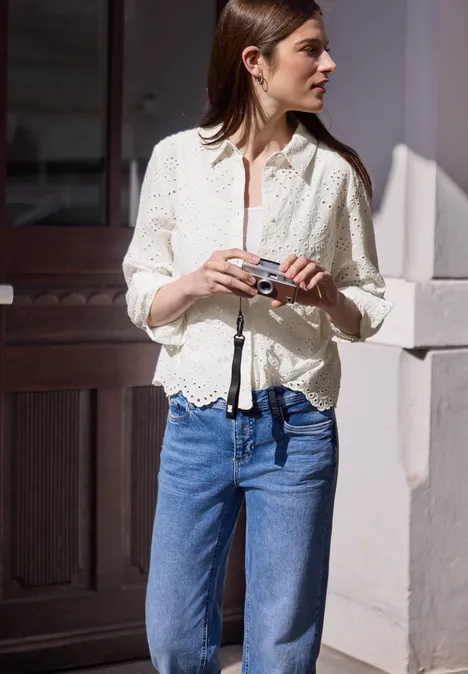 Langarm Bluse mit Shiffleymuster off white