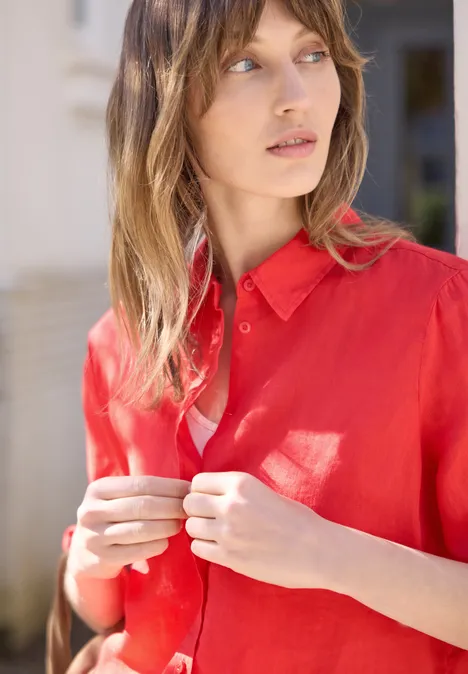 Kurzarm Hemdbluse aus Leinen chili red Kurzarm Hemdbluse aus Leinen chili red