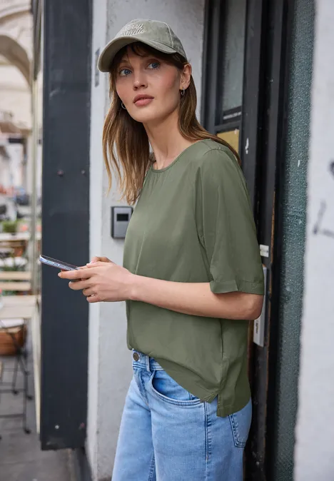 Blouse met korte mouwen en ronde hals in effen kleur Lichen Green