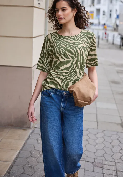 Kurzarm Bluse mit Rundhals und Print Lichen Green