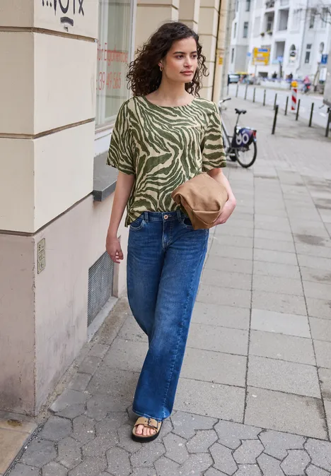 Kurzarm Bluse mit Rundhals und Print Lichen Green