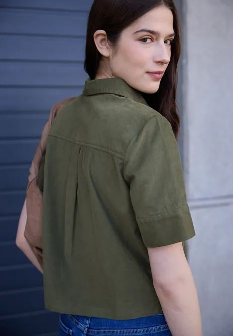 Blouse met korte mouwen in ribfluweel Lichen Green