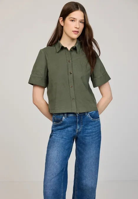 Blouse met korte mouwen in ribfluweel Lichen Green