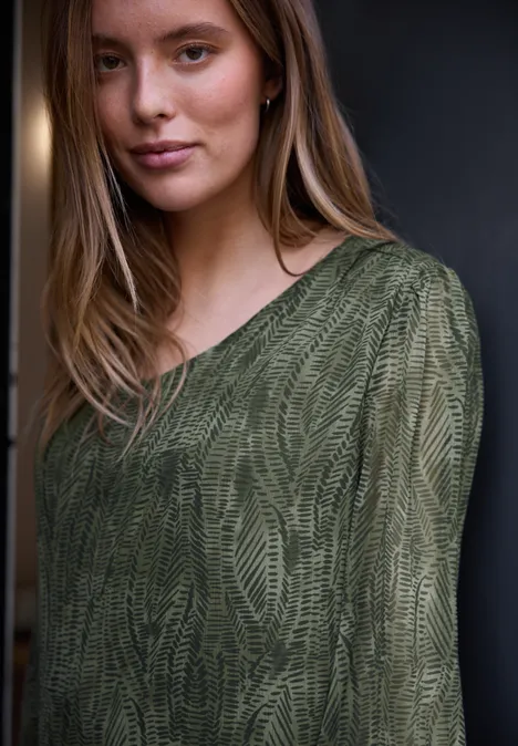Blouse à manches longues avec col en V en mousseline de soie oil green