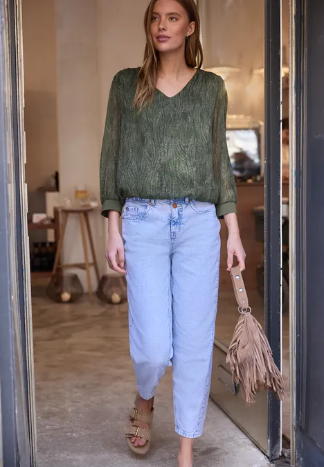 Blouse à manches longues avec col en V en mousseline de soie oil green