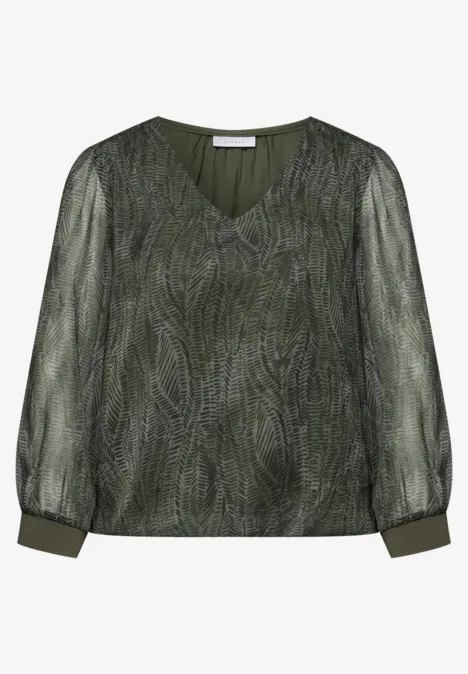 Blouse à manches longues avec col en V en mousseline de soie oil green