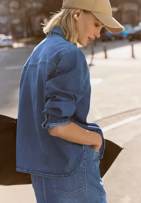 Spijkerblouse met lange mouwen en overhemdkraag mid blue authentic washed