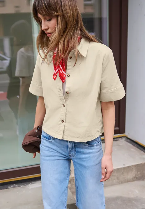 Blouse met korte mouwen in ribfluweel stone sand