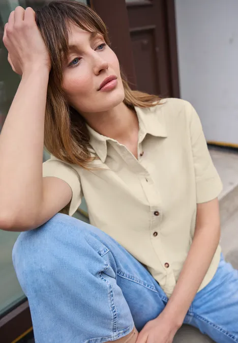 Blouse met korte mouwen in ribfluweel stone sand