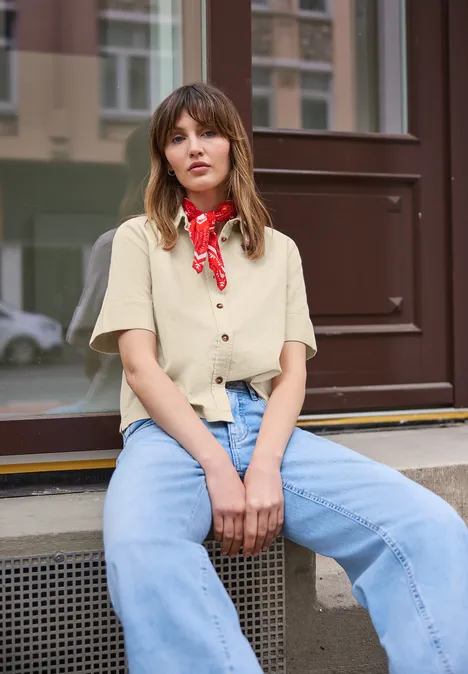 Blouse met korte mouwen in ribfluweel stone sand