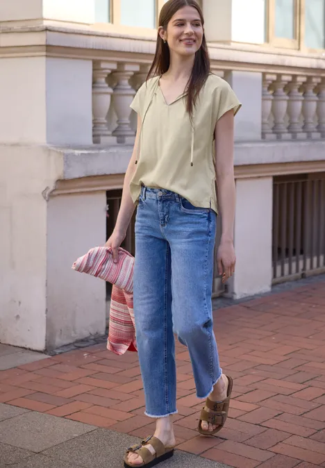 Dropped Shoulder Bluse mit Split Neck stone sand