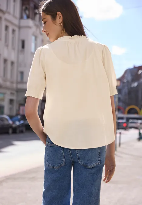 Blouse à manches courtes avec col rond et volants stone sand