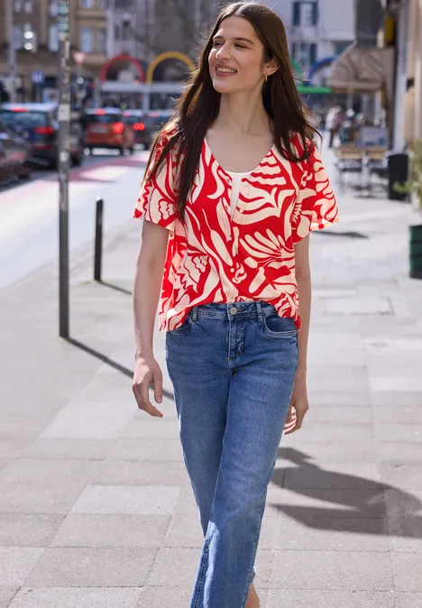 Bluse mit V-Neck und floralem Muster chili red