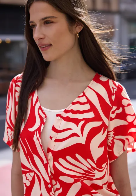 Bluse mit V-Neck und floralem Muster chili red