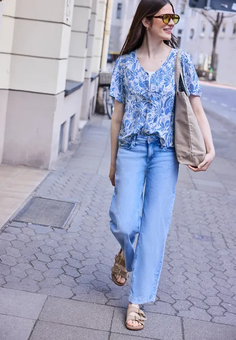 Bluse mit V-Neck und floralem Muster eventide blue