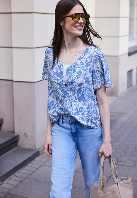 Bluse mit V-Neck und floralem Muster eventide blue