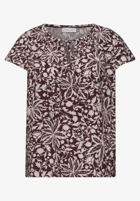 Damen-T-Shirt mit kurzarm, bordeauxrotem Stoff und weißem Blumenblätter-Muster