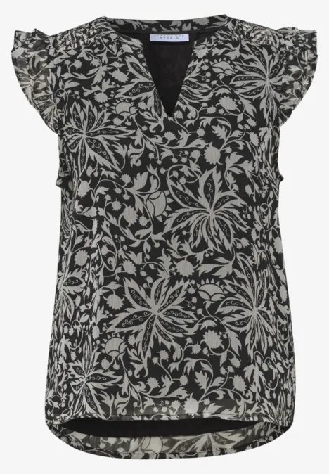 Schwarze ärmellose Bluse mit weißem Blumenmuster, V-Ausschnitt und verspielten Rüschenärmeln.