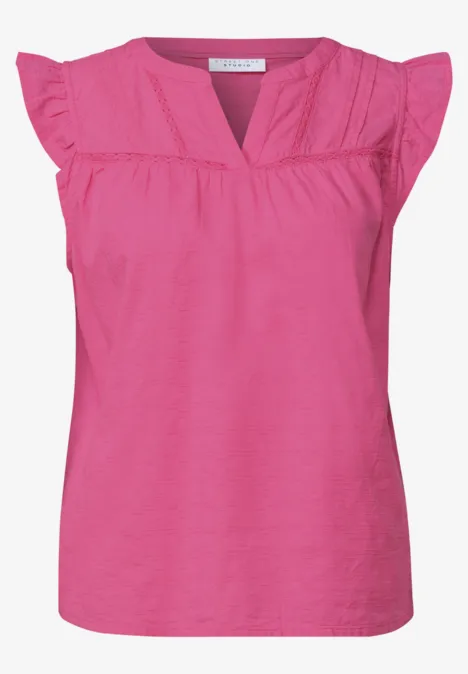 Blusenshirt mit Split Neck und Tape-Details simply pink Rosa ärmellose Bluse mit Rüschenärmeln und V-Ausschnitt, legerer Stil.